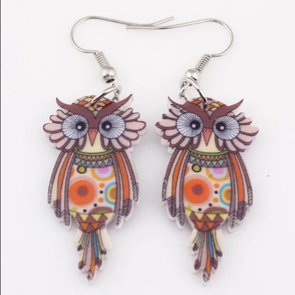 (5/$25) Owl Acrylic Dangle fishhook earrings